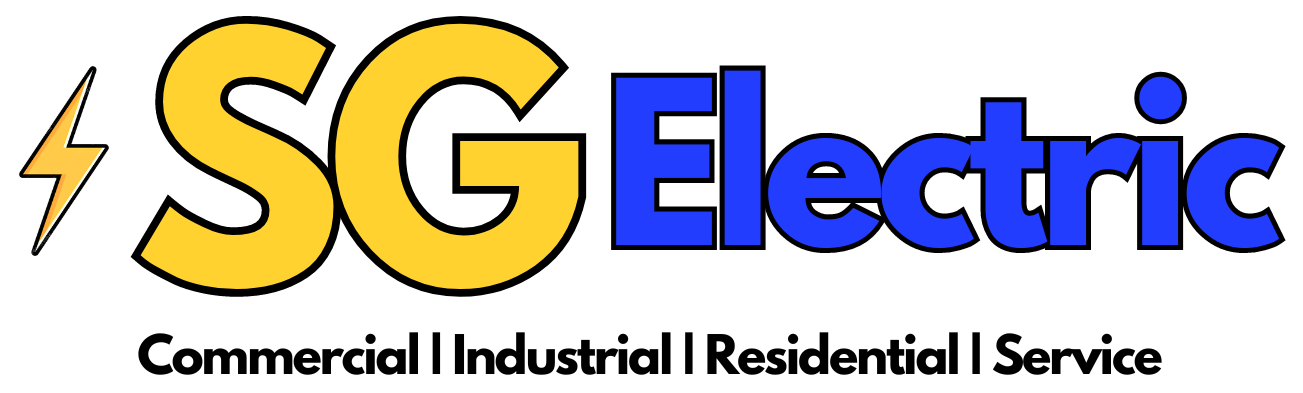 SG Electric logo featuring commercial, industrial, residential, and service offerings with a lightning bolt design element.