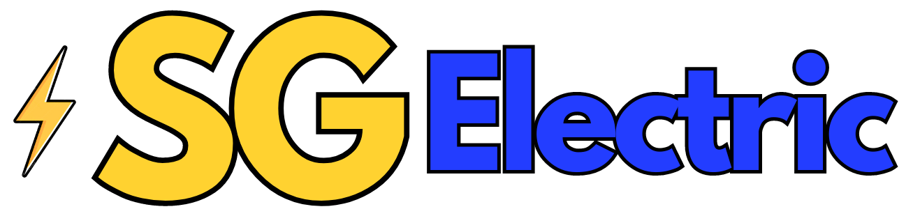 SG Electric logo featuring bold yellow and blue typography with a lightning bolt symbol, representing electrical services and branding.